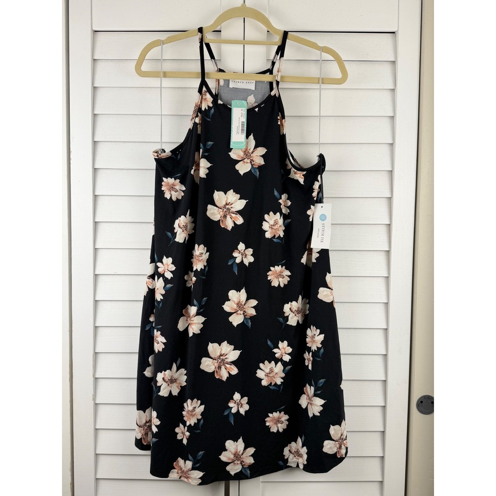 French Grey Melcy Brushed Knit Dress‎ XL Black Floral High Neck NEW